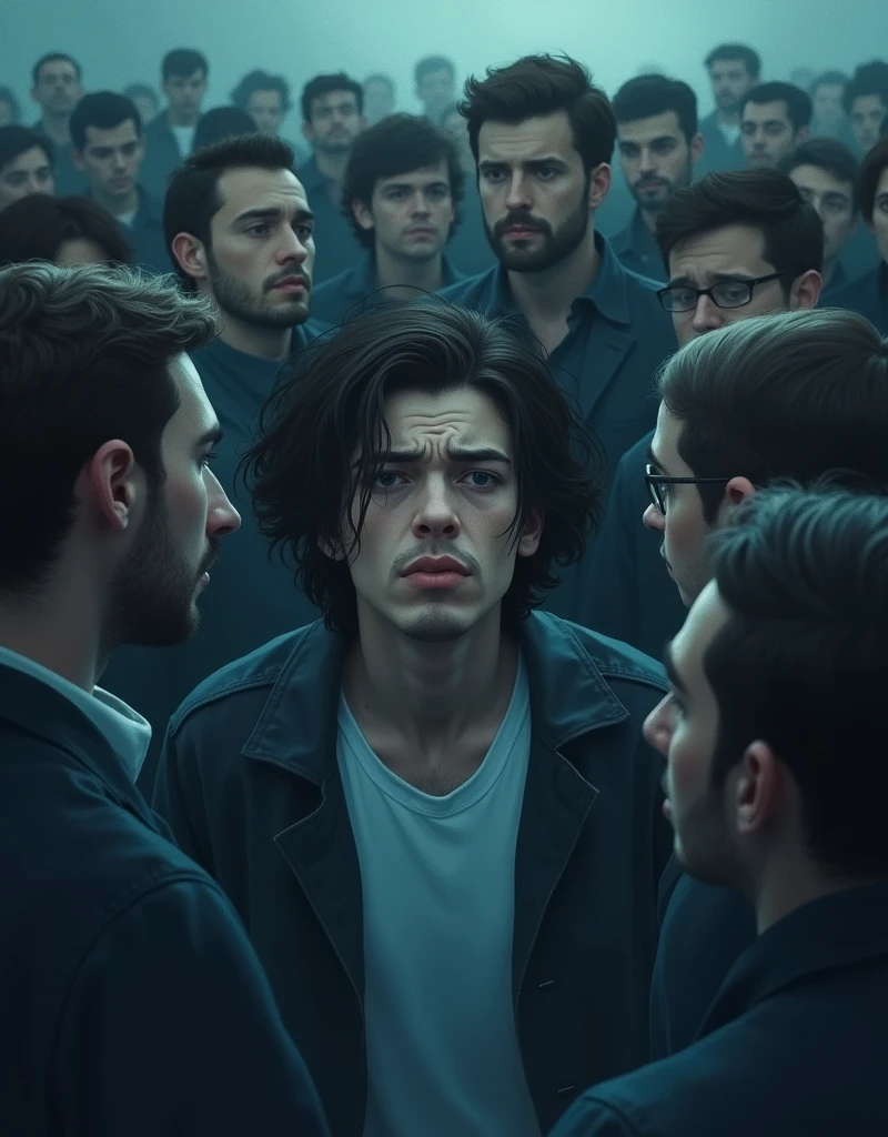 

scene: Illustrates a person surrounded by many people, being looked at with contempt with an expression of discomfort or distress.Details: The person may be receiving critical looks or negative comments, Use cool colors or dark tones to convey a sense of isolation and stress