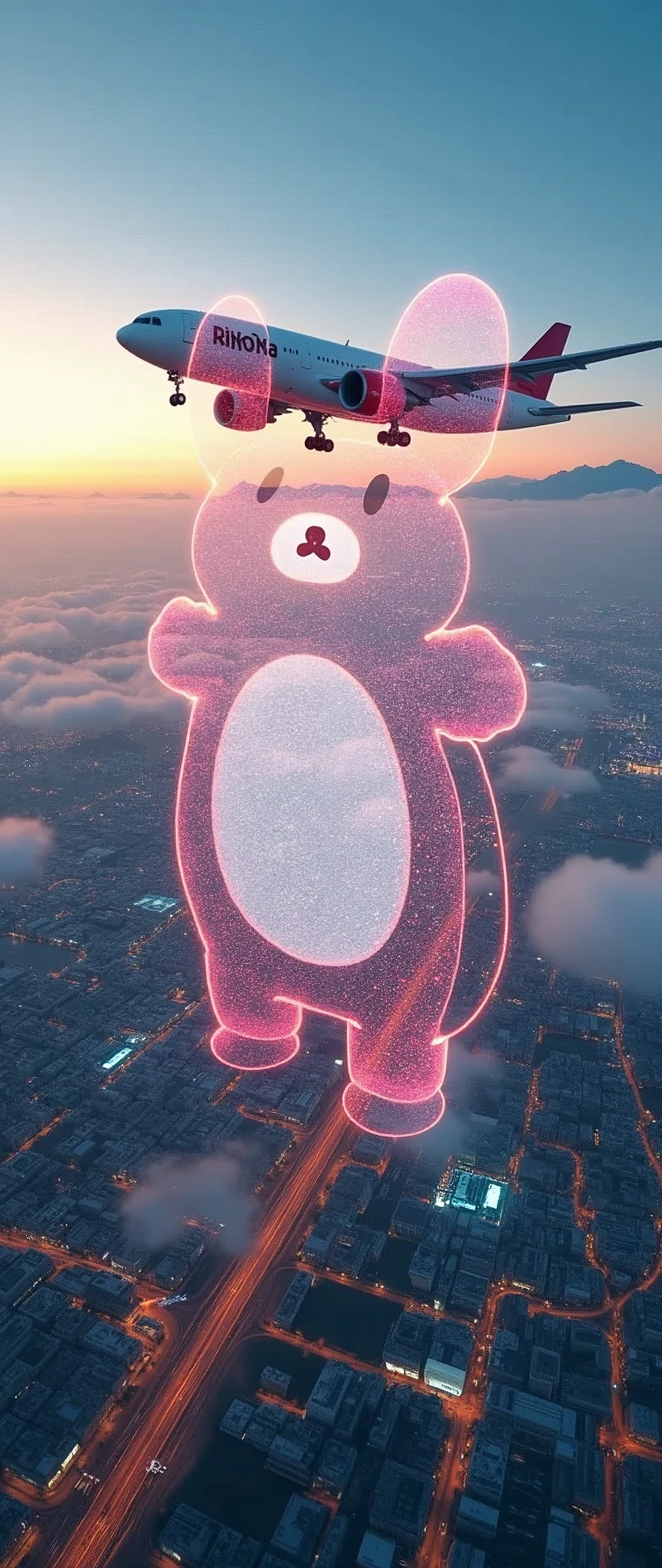 Landscape Photography,Shot from an airplane,Pre-landing,(Japan),(Future City:2.0),(((A holographic image of Rilakkuma is projected:2.0))),(masterpiece:1.2,Highest quality,Ultra-high resolution,Very detailed,8k,Realistic,Best aesthetics),beautiful,(dynamic)