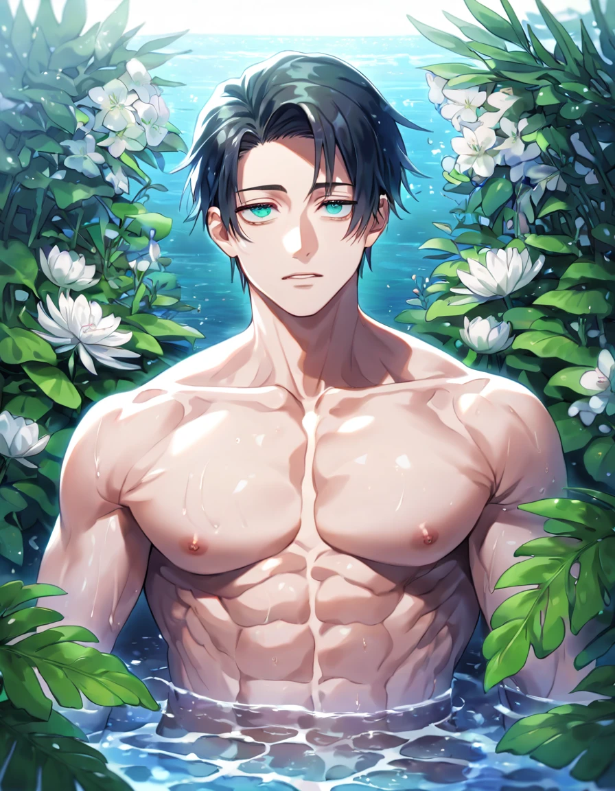 absurdres, highres, ultra detailed, HDR, master piece, Okkotsu Yuuta, black hair, expressive dark blue eyes, without shirt, Jujutsu Kaisen, toned chest, bare chest, sexy man, handsome, best quality, beach, fantasy, magical, solo, water, sensual, horny, green leaves, flowers, manly man, close up