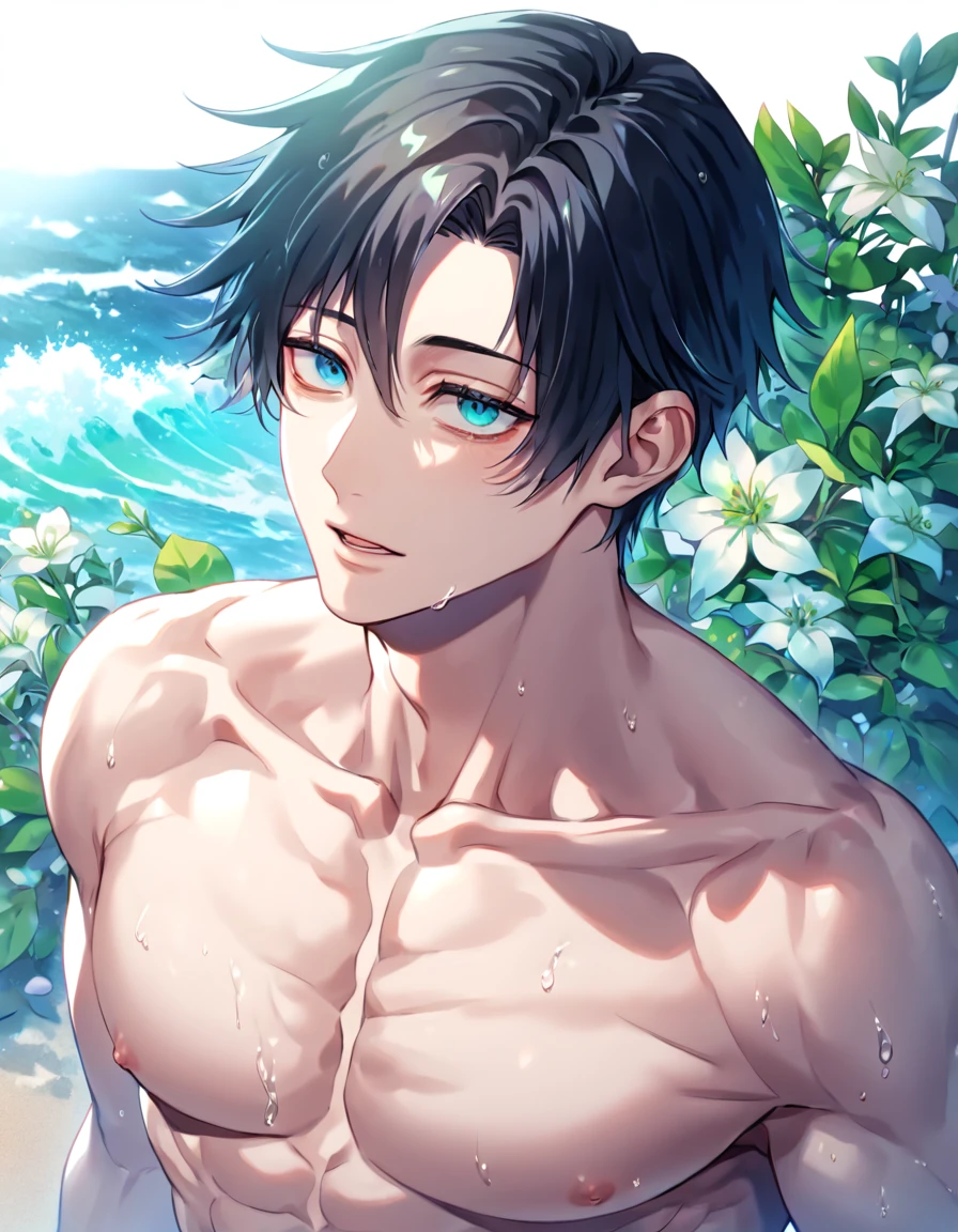 absurdres, highres, ultra detailed, HDR, master piece, Okkotsu Yuuta, black hair, expressive dark blue eyes, without shirt, Jujutsu Kaisen, toned chest, bare chest, sexy man, handsome, best quality, beach, fantasy, magical, solo, water, sensual, horny, green leaves, flowers, manly man, close up