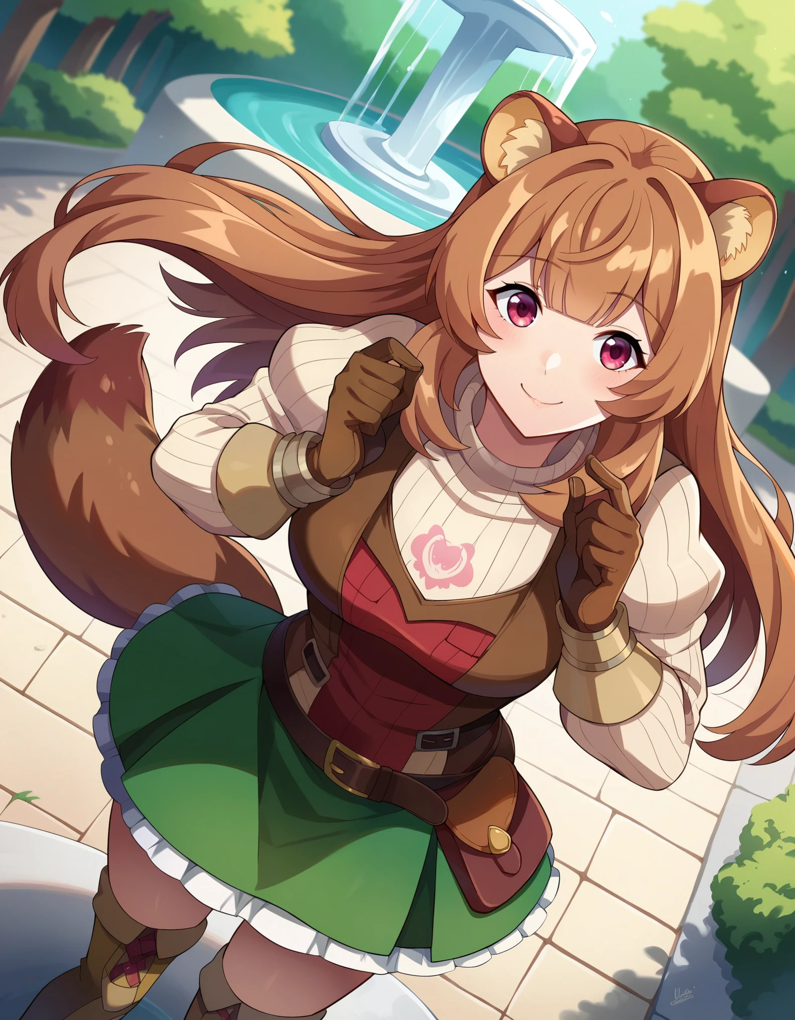 score_9, score_8_above, score_7_above, fountain_cheered up,
Raphtalia, Raphtalia, by the wide, hits, Brown hair, animal ears, raccoon ears, raccoon tail, raccoon girl, pink eyes, smile,
long sleeves, sweater, ribbed sweater, puffy sleeves, breastplate, Love, red Love, gloveletes, glove, brown gloves, belt, Skirt, armor,
outdoor, forest, nature,
looking at the viewer, cowboy shot, dutch angle, dynamic pose,