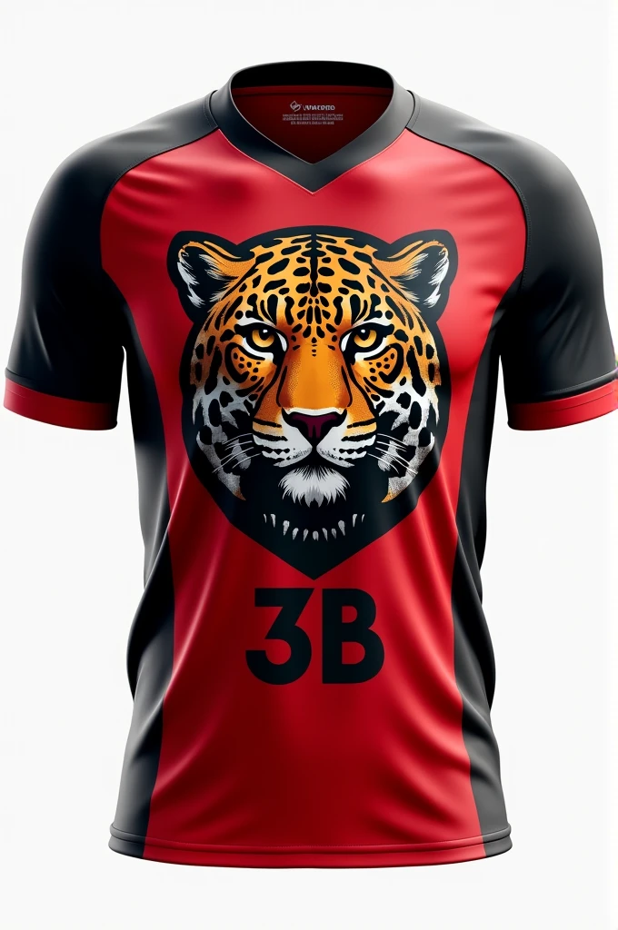 Team jersey front and back, with a jaguar drawn, red and black background, with brown eyes and written 3B on the chest of the shirt in the shape of a shield
