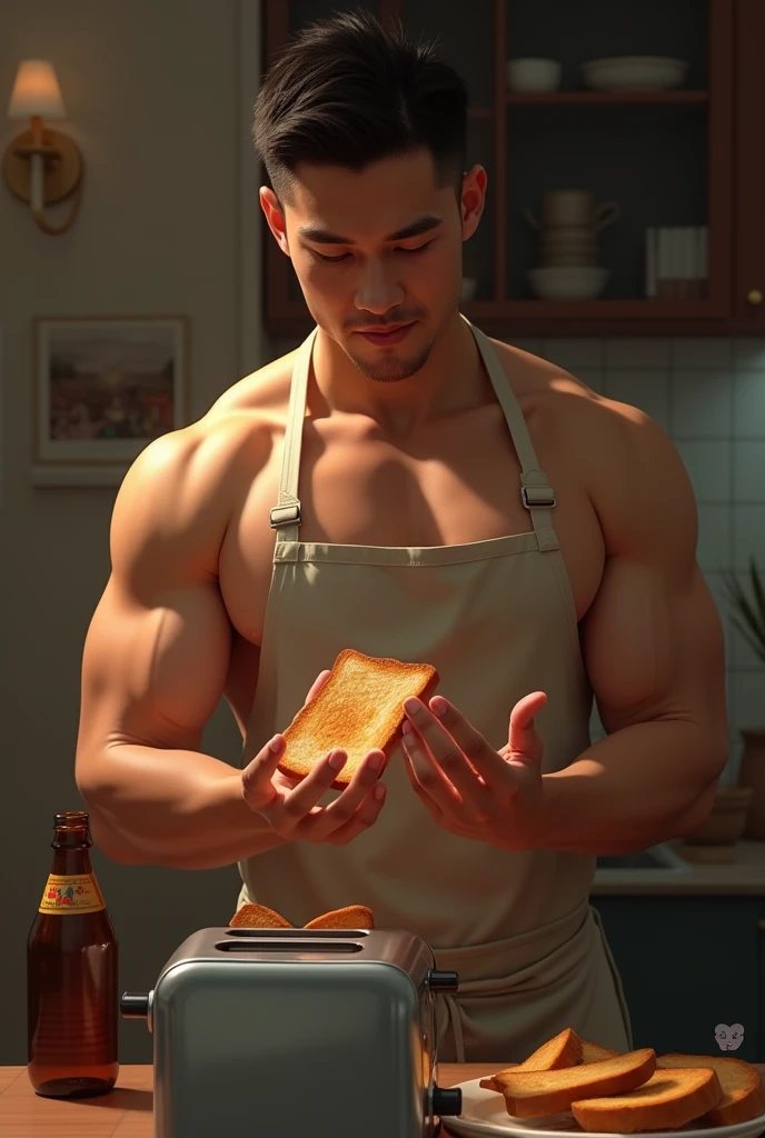 photorealistic, best quality, masterpiece, extremely detailed, sexy, homoerotic, extremely handsome, 30 year old muscular vietnamese man, muscular, (laughing out loud), wearing only apron, in kitchen, toasted bread pops out of a toaster, almost catches the bread in mid air, extremely romantic atmosphere, perfect face, perfect fingers, perfect hands, perfection