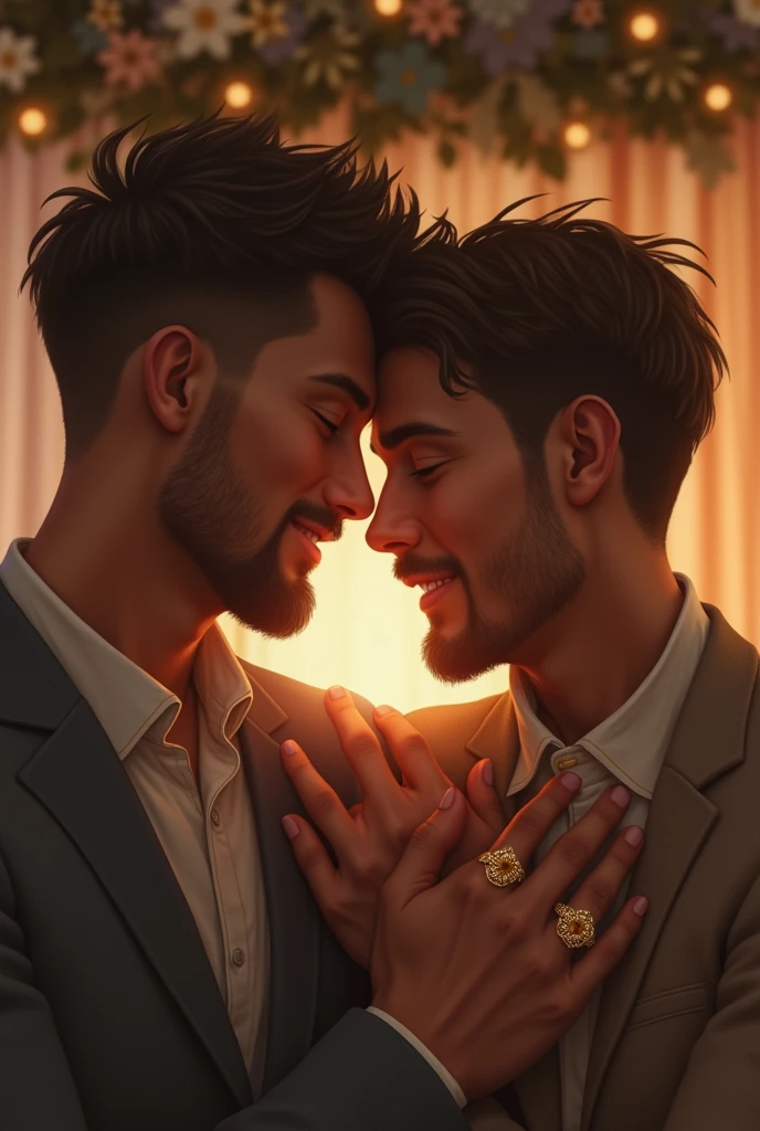 A very human couple of boyfriends hugging and wearing matching wedding bands on their ring fingers., very romantic 