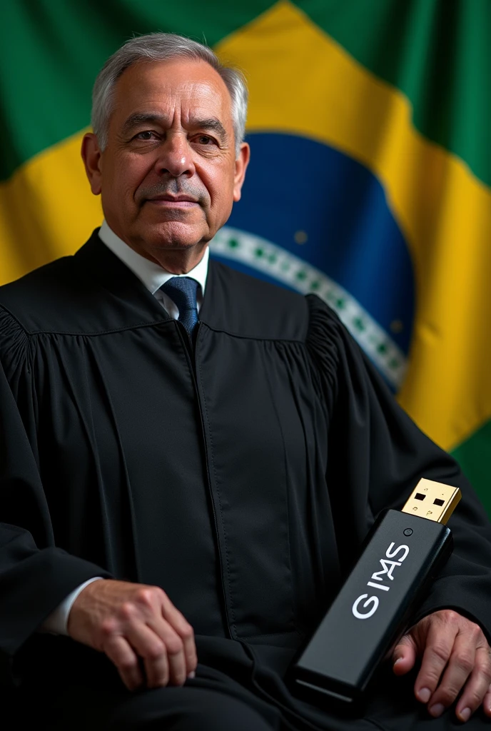 Photo of Minister Alexandre de Moraes in a black robe,
, Brazil flag, a large pen drive, green and yellow , 6 Gigas