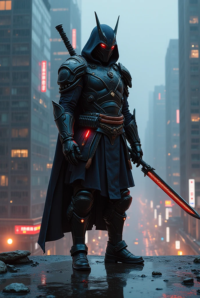 Create a highly detailed and futuristic image of an assassin in a dynamic combat stance, blending elements from various ancient warrior cultures. The assassin’s appearance is a fusion of historical and futuristic design, reflecting the deadly precision and honor of past warriors with the advanced technology and sleek aesthetics of the future.
The assassin's armor is an amalgamation of different ancient styles, seamlessly integrated with cutting-edge technology. His upper body is protected by a high-tech breastplate reminiscent of samurai armor, complete with layered, flexible plates that allow for swift movement. His arms are adorned with gauntlets inspired by medieval knights, featuring retractable blades and advanced targeting systems. His legs are covered with a blend of Spartan greaves and Roman centurion-style boots, providing both mobility and strength, while his belt holds an arsenal of futuristic weapons, including energy daggers and throwing stars.
In his hands, he wields a katana-like energy sword with a glowing, plasma blade that hums with power, combining the elegance of the samurai with the lethal efficiency of future technology. His face is partially concealed by a helmet that merges the fearsome mask of an ancient ninja with a high-tech visor that displays real-time combat data, giving him an edge in battle. The helmet’s design also incorporates elements of a Viking warrior’s helmet, with a sleek, modern twist.
The background is a dark, dystopian cityscape, with towering skyscrapers and neon lights reflecting off rain-soaked streets. The assassin stands poised on a rooftop, ready to strike, with the glow of his weapons casting an eerie light on his surroundings. His stance is low and ready, reminiscent of a warrior about to launch into battle, with every muscle tense and prepared.
The atmosphere is tense and charged with energy, capturing the essence of a deadly, futuristic warrior who embodies the skills, honor, and ruthlessness of the greatest w