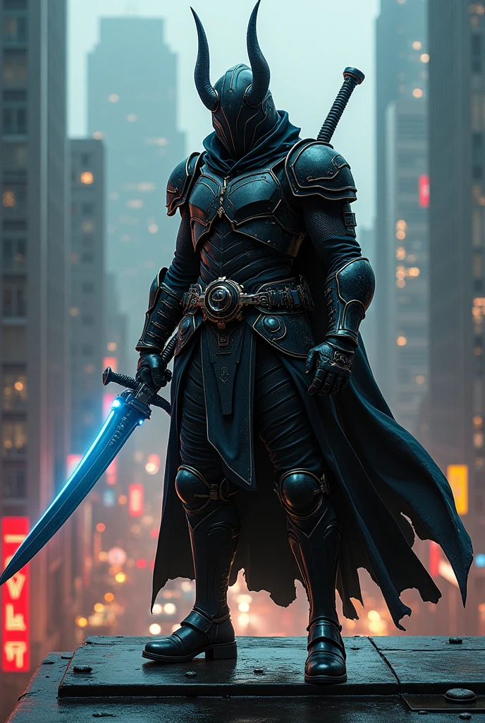 Create a highly detailed and futuristic image of an assassin in a dynamic combat stance, blending elements from various ancient warrior cultures. The assassin’s appearance is a fusion of historical and futuristic design, reflecting the deadly precision and honor of past warriors with the advanced technology and sleek aesthetics of the future.
The assassin's armor is an amalgamation of different ancient styles, seamlessly integrated with cutting-edge technology. His upper body is protected by a high-tech breastplate reminiscent of samurai armor, complete with layered, flexible plates that allow for swift movement. His arms are adorned with gauntlets inspired by medieval knights, featuring retractable blades and advanced targeting systems. His legs are covered with a blend of Spartan greaves and Roman centurion-style boots, providing both mobility and strength, while his belt holds an arsenal of futuristic weapons, including energy daggers and throwing stars.
In his hands, he wields a katana-like energy sword with a glowing, plasma blade that hums with power, combining the elegance of the samurai with the lethal efficiency of future technology. His face is partially concealed by a helmet that merges the fearsome mask of an ancient ninja with a high-tech visor that displays real-time combat data, giving him an edge in battle. The helmet’s design also incorporates elements of a Viking warrior’s helmet, with a sleek, modern twist.
The background is a dark, dystopian cityscape, with towering skyscrapers and neon lights reflecting off rain-soaked streets. The assassin stands poised on a rooftop, ready to strike, with the glow of his weapons casting an eerie light on his surroundings. His stance is low and ready, reminiscent of a warrior about to launch into battle, with every muscle tense and prepared.
The atmosphere is tense and charged with energy, capturing the essence of a deadly, futuristic warrior who embodies the skills, honor, and ruthlessness of the greatest w