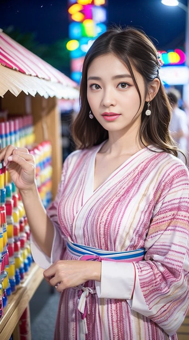 Dark brown hair、Light brown eyes、Japanese actress、 Lady、I am about 40 years old..、(Intricate details:1.2)、(Which is higher???:1.4)、 (Ultra-high resolution:1.2)、Ultra-high resolution、(Fine-tune)、(Detailed facial features)、Hmph、8k resolution、D cup size breasts、Long Hair、Hue、night、,Full body photo、yukata、日本のおfestival、夏festival、日本のyukata、band、Summer in Japan、yukata姿、Updo、 (reality、festival、Opening a store、candy stall、night、walk: 1.4),