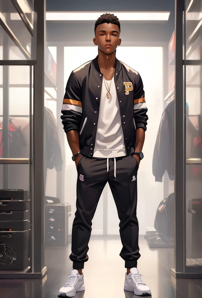 Muscular black boy, shirtless with hands in pockets, jogger pants Wearing an open varsity jacket