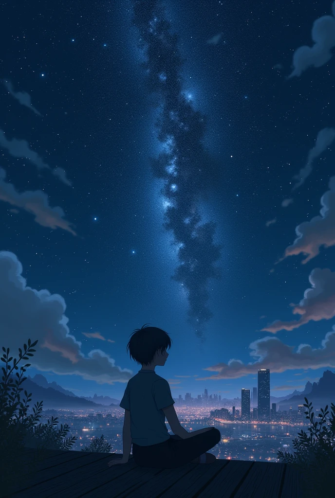 Octane, null, star (null), landscape, starry null, night, Only child,, night null, alone, Outdoor, sign, building, cloud, milky way, Sitting, wood, Short hair city, silhouette, Cityscape