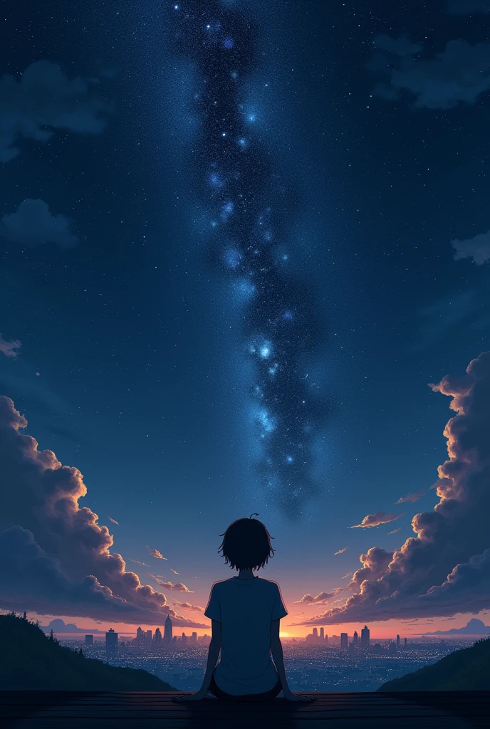 Octane, null, star (null), landscape, starry null, night, Only child,, night null, alone, Outdoor, sign, building, cloud, milky way, Sitting, wood, Short hair city, silhouette, Cityscape