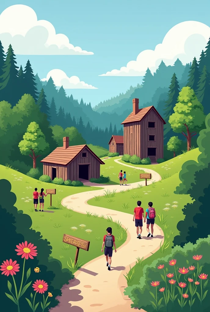 Old mining structures, Ecotourism trails, and a local community involved in the conservation and promotion of sustainable ecotourism.( create an easy image to draw )