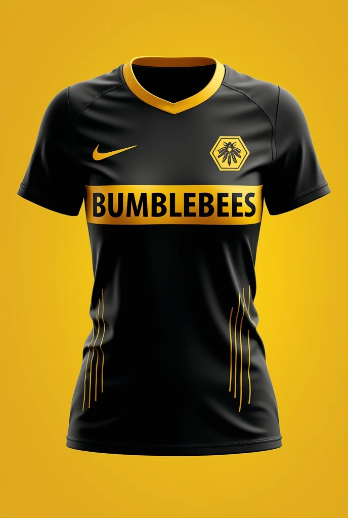 Create a t-shirt for play soccer of Bumblbees team. It is a girls team with tree champions and we want to innovate in the uniform minimalist and realistic. Only the t-shirt. In black and the details in yellow. More elegant and fashion it