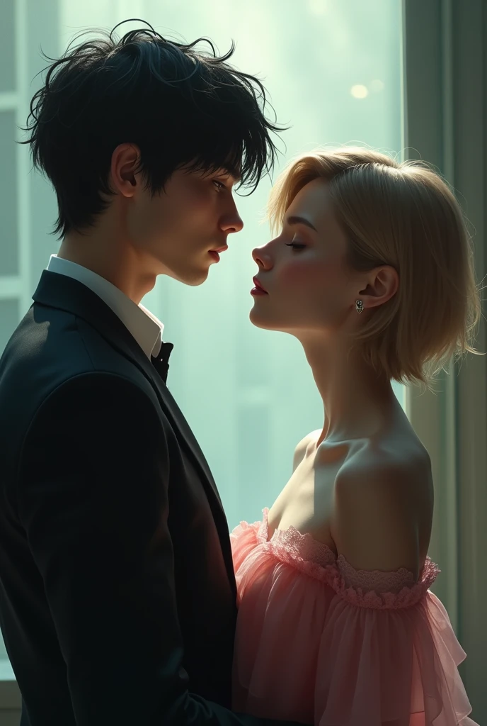 Make a couple of boyfriends with fading vibes looking at each other, The girl is light brunette with short straight hair wearing a pink dress with lace and the boy is handsome white with black and broken hair with sad eyes and a black suit 