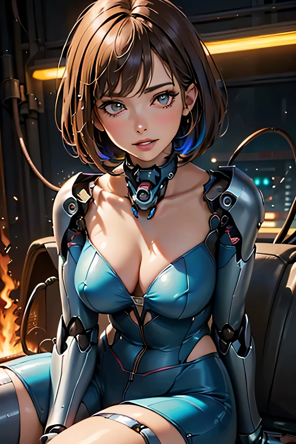 (((Sparks fly))), (((Highest quality))), ((Very detailedな)), (High-definition CG illustrations), ((Very delicate and beautiful)), Cinematic Light,((1 Mecha Woman)),alone,mature,(Ahegao),Big and ample breasts,Plump, whole body,(Machine made joints:1.2),((Mechanical marginal vessels connected to tubes),((Cervical vertebrae mechanically attached to the neck)),(((The crotch is open))),(Sitting),(wires and cables around the neck:1.2),(Overhead Wires and Cables:1.2)(Character Focus),sf,((Very detailed,colorful)),Best details