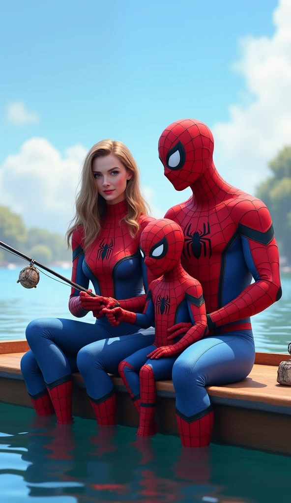 Spiderman fishing on the boat with his wife and son, both of wife and his son wearing Spiderman mask and Costume. Blue sky.