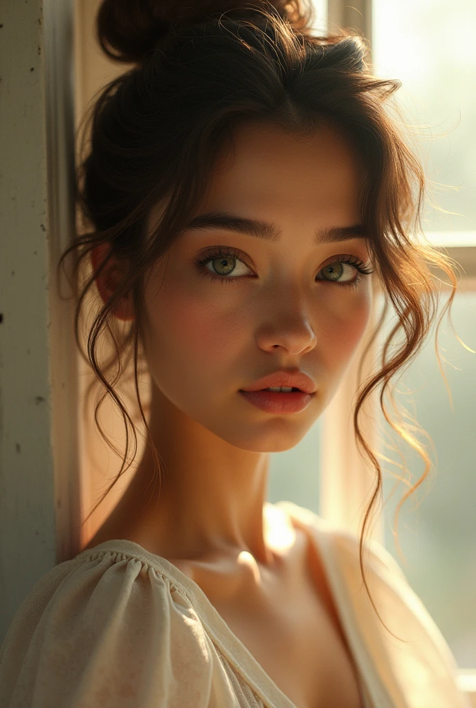 Brazilian ,Brunetette,,Light brown bun hair, far away,wavy,olive green eye,olive skin tone,slim,thin face, thick eyebrow,almond eye