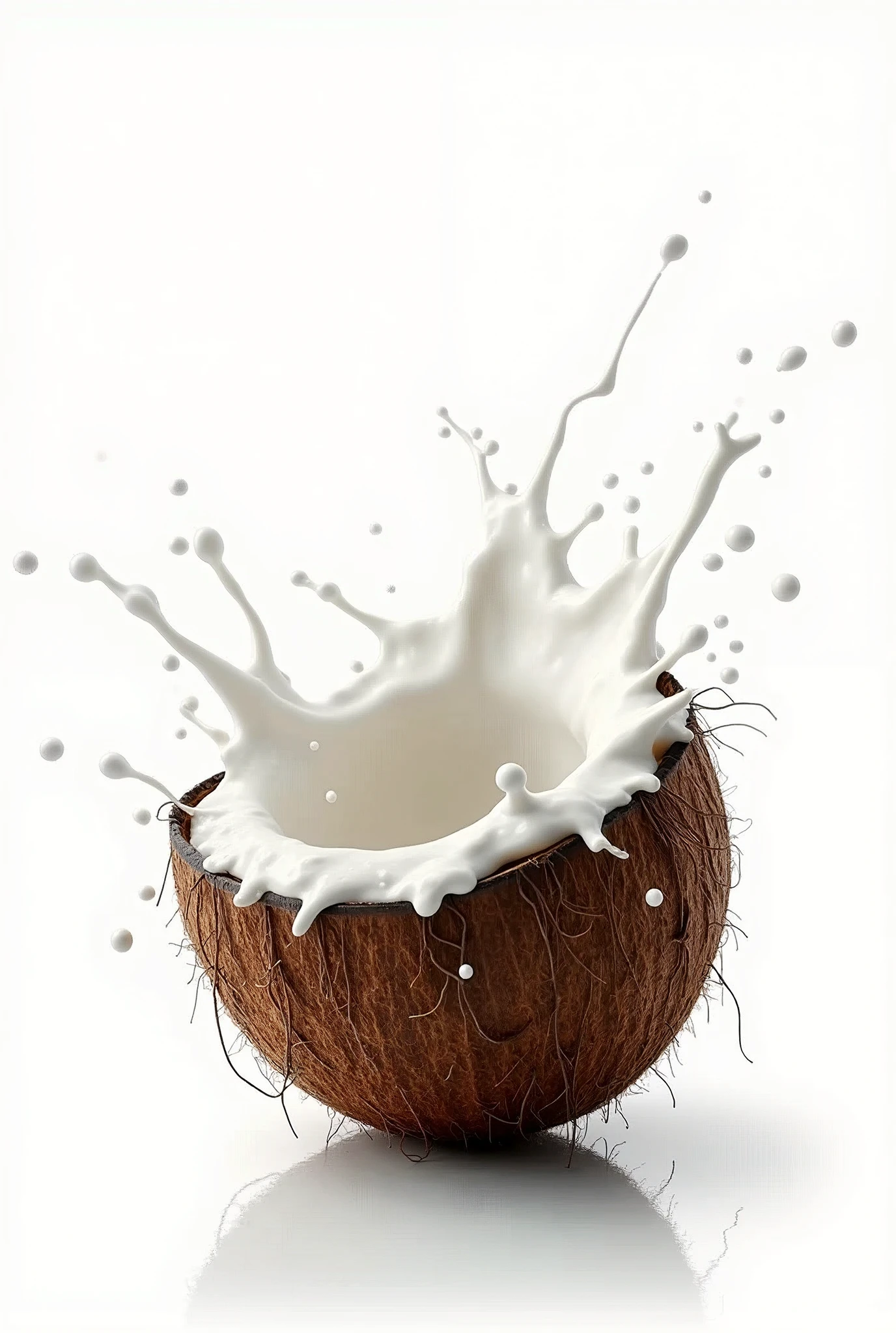 A dark brown, round coconut with a rough, natural texture, set against a pure white background. The coconut is being splashed by a burst of milk, with droplets and streams of milk dramatically spreading and colliding with the coconut. The milk is frozen in motion, creating dynamic patterns as it splashes against the rough surface and cracks of the coconut. The image should be highly detailed, capturing the texture of the coconut and the fluid motion of the milk, with a clean and minimalistic look