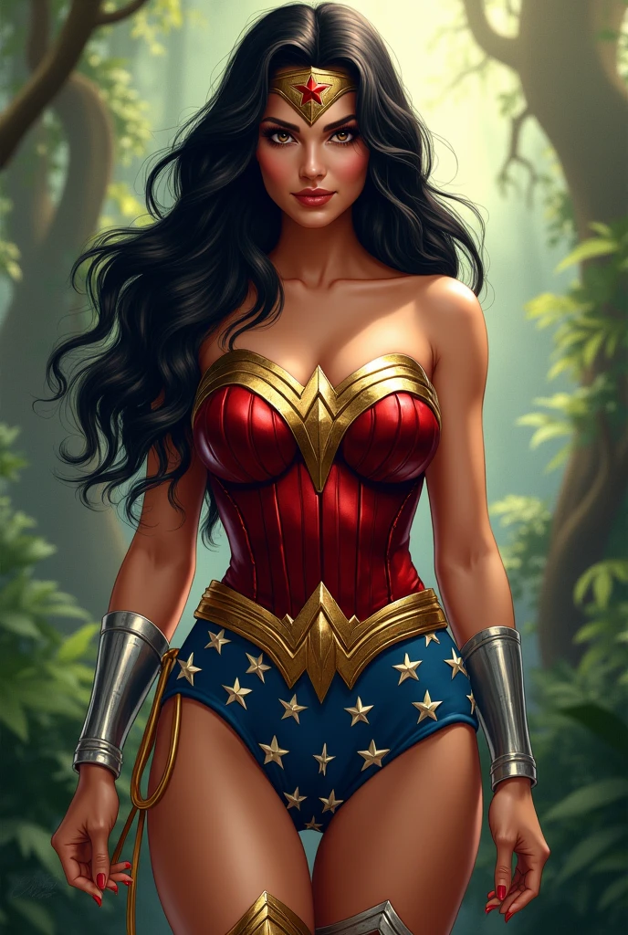 Adriana Lima under the mantle of the Amazon warrior Wonder Woman long black hair (((I wore a red corset and navy blue leggings with stars))),(((Red boots))) Wonder Woman diaema on her forehead Justice League DC Universe