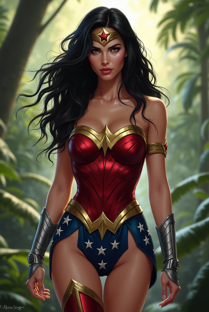 Adriana Lima under the mantle of the Amazon warrior Wonder Woman long black hair (((I wore a red corset and navy blue leggings with stars))),(((Red boots))) Wonder Woman diaema on her forehead Justice League DC Universe