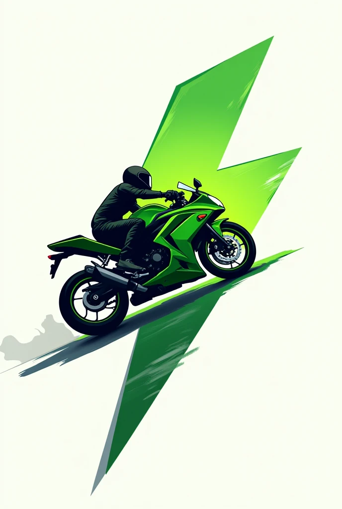 a logo themed the silhouette of a green lightning bolt in the shape of a Kawasaki Ninja 300 motorcycle, falling on the track, The bike is in profile and under the surface it says "Green ray" "You don&#39;t need wings to fly", The logo is a cartoon
