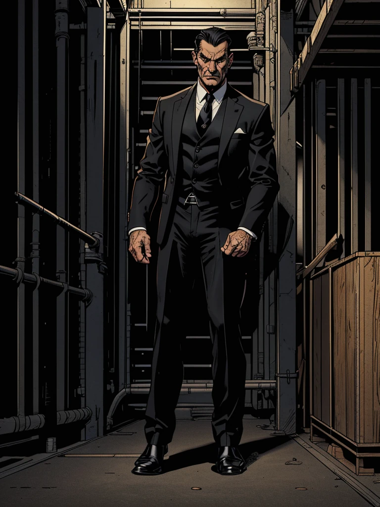 old caucasian man, 50 years old, ((short black slick back hair)), triangular face, mean face, black eyes, piercing gaze, long nose, small mouth thin lips, poorly shaved beard, endomorphic body type in shape, tall, ((wearing a black traditional normal suit with a black normal tie)), (in a warehouse), (((draw entire body down to feet))), chiaroscuro, vanishing point, perspective, sideways, wide shot, UHD, masterpiece, accurate, anatomically correct, textured skin, super detail, high details, high quality, award winning, best quality, highres