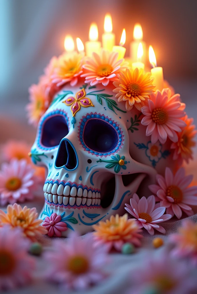 Sugar skull with candles in the shape of a crown and marigold flowers in pastel colors