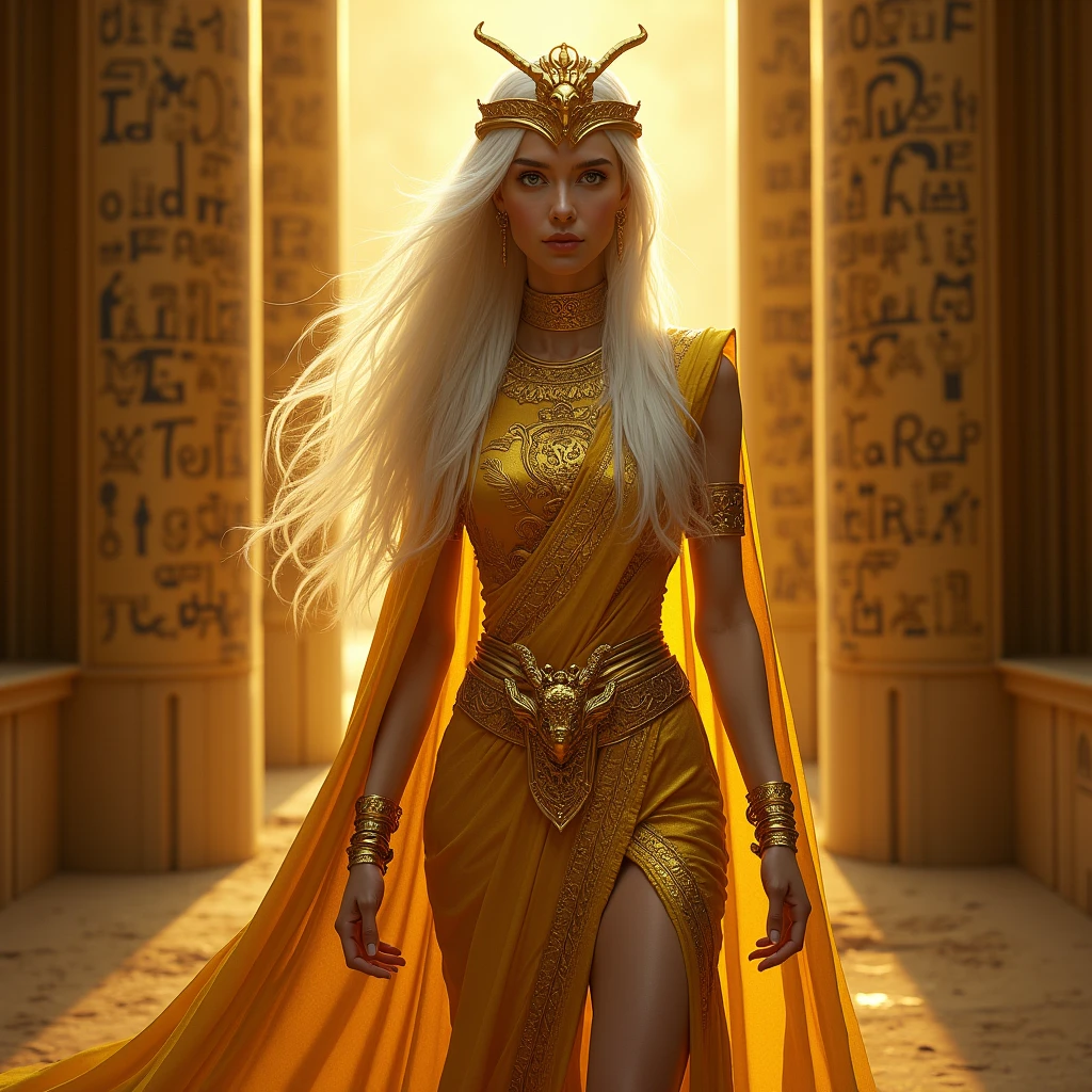 A girl with long white hair wearing a Pharaoh's outfit all in gold,She will be posing inside the pyramid,I want hieroglyphics on the walls and her to be beautiful and very realistic,I want her to be very sexy,I want that pharaoh thing on her chin and the snake crown too,I want everything to be gold