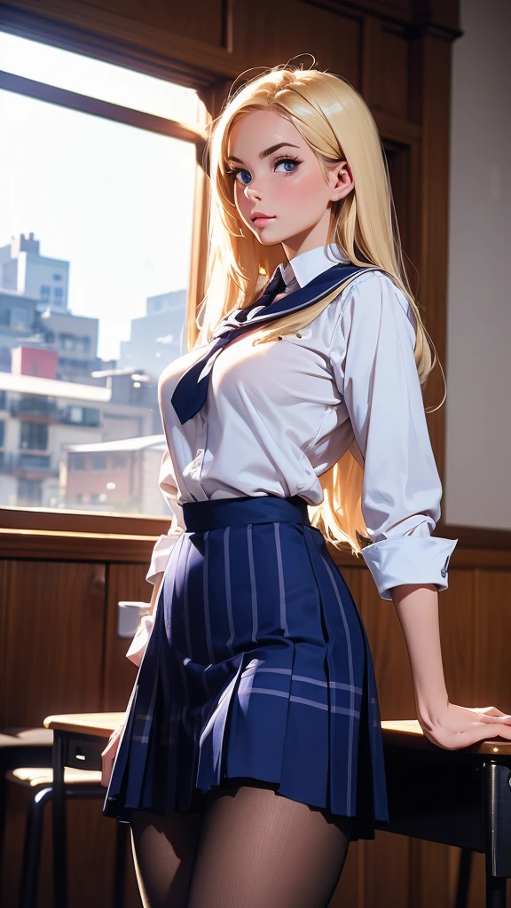 (masterpiece, best quality, chromatic lighting, professional quality, high detail), beautiful 18 year girl, blonde hair, blue eyes, seductive, sultry pose, wide hips, skinny waist, school girl uniform, navy plaid short skirt, pantyhose