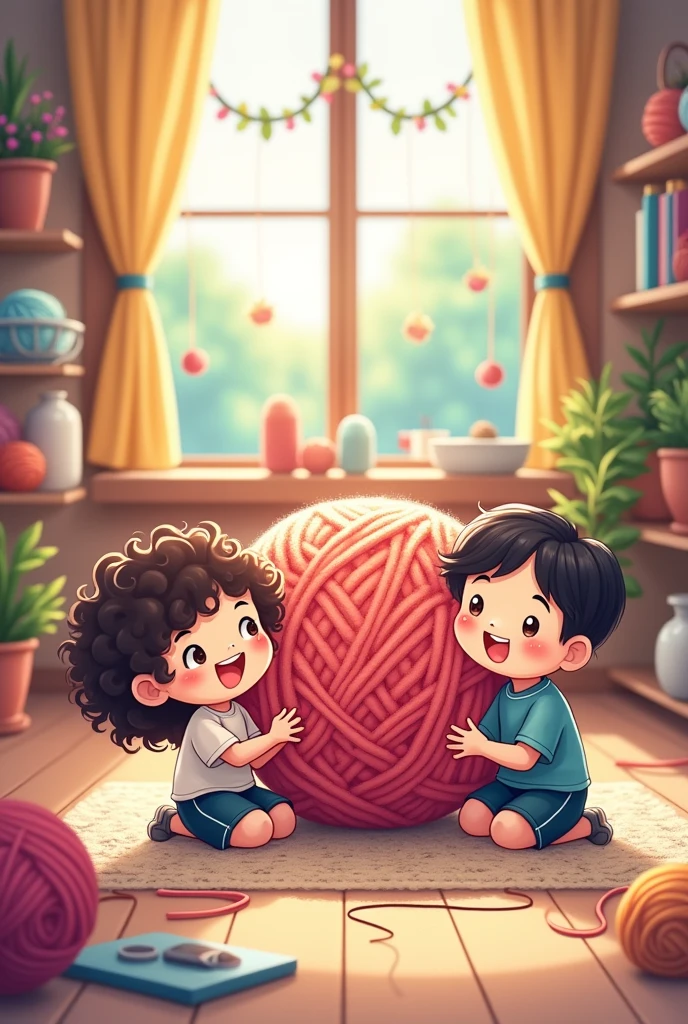 Chibi drawing of a crochet business with a chubby girl with curls and a skinny boy with a lowfade hairstyle in anime style with a giant yarn ball in the center
