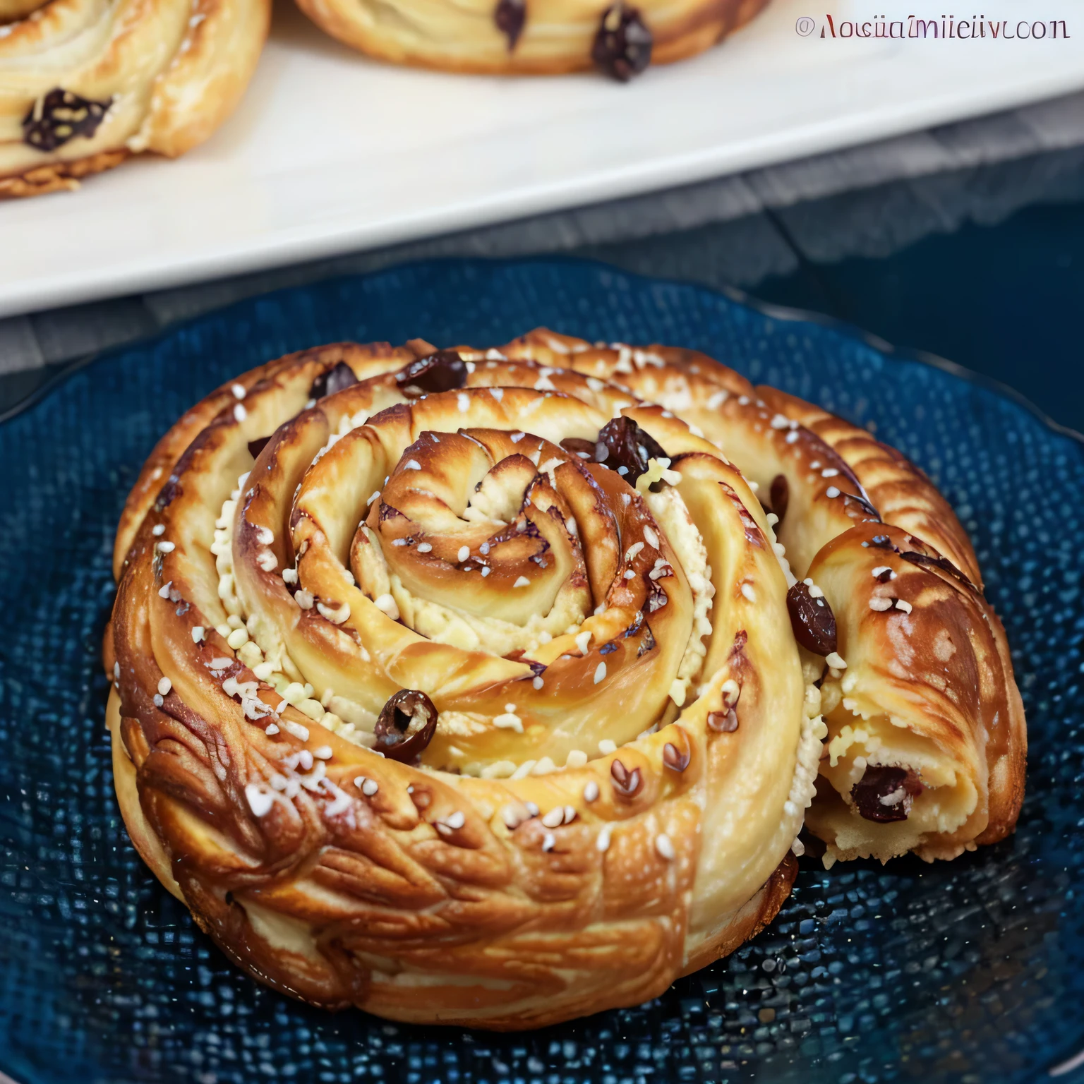 there is a pastry on a plate with raisins on it, in the shape of a cinnamon roll, pastry, pastries, pastry lizard, easy, luscious with sesame seeds, twinkling and spiral nubela, swirl, mixture turkish and russian, super realistic food picture, mesmerizing, inspired by Normand Baker, inspired by Károly Patkó, scandinavian