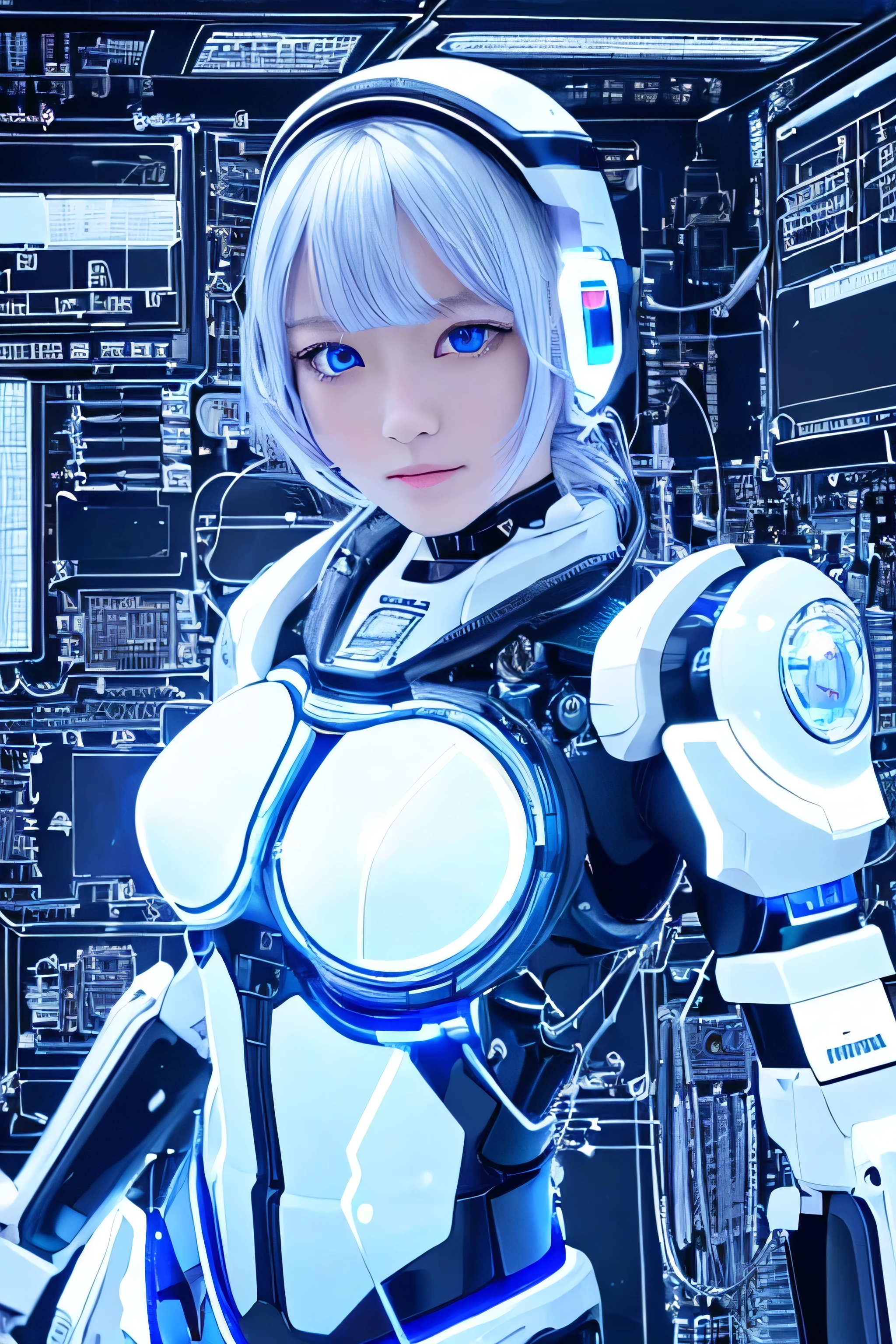 (highest quality, High resolution, masterpiece:1.2), Super detailed, realistic:1.37, (perfect anatomy),1 girl,cowboy shot,full body portrait,,close-up of woman, Cute and completely beautiful Japanese idol, 12 year old female model、Modified into a cute cyborg,, (blue led eyes:1.3), (white bio acrylic body:1.2),  ,,detailed connection lines,  Wires and cables connecting to the head,  cybernetics, cyber 3ink,  intricate decorative details, The background is the interior of a robotic operating room.,,monitor screen