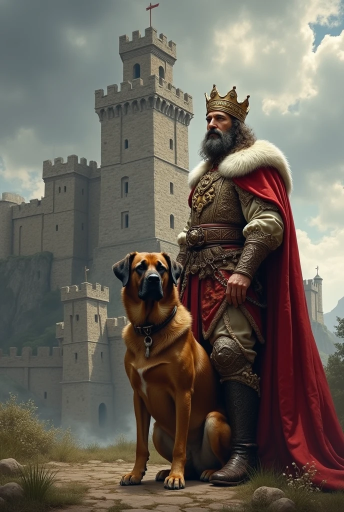 A dog with a king in front of a castle (in ancient times)