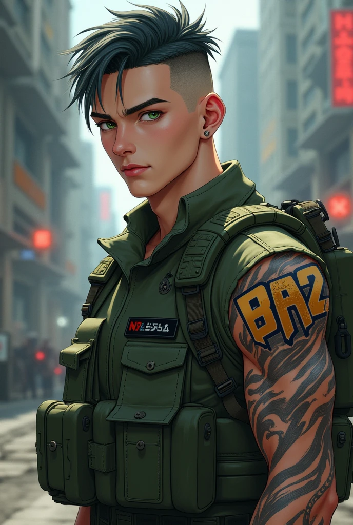 23-year-old guy with short hair and green eyes, wearing a military uniform and a tattoo that says BA2 in anime style.