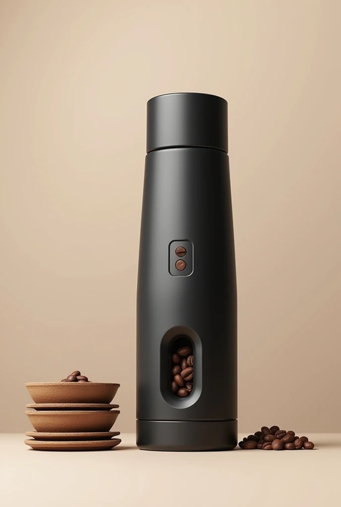 I want you to create a 20 cm tall thermos that incorporates a space in its lower part that incorporates a mill to introduce coffee beans and grind them. Next to the thermos put a set of coffee filters that are the same diameter as the thermos. Please make sure the center contains the logo of this link https://turbologist.with/Designs/59877656 please put the image of that hyperlink 
