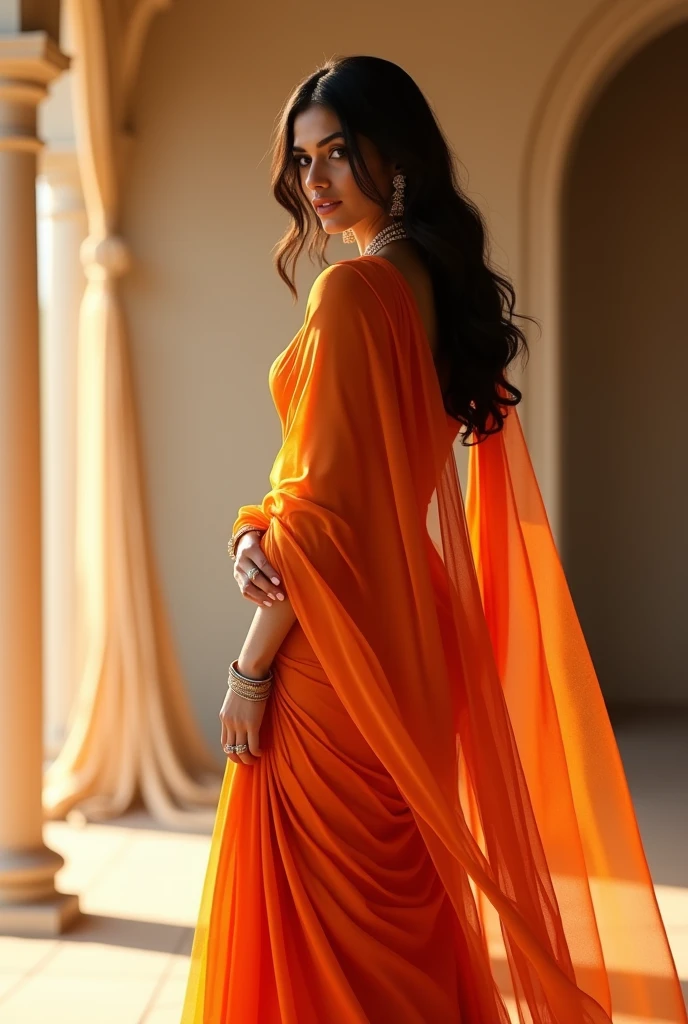 Kriti sanon in orange saree, aesthetic, ass back pose