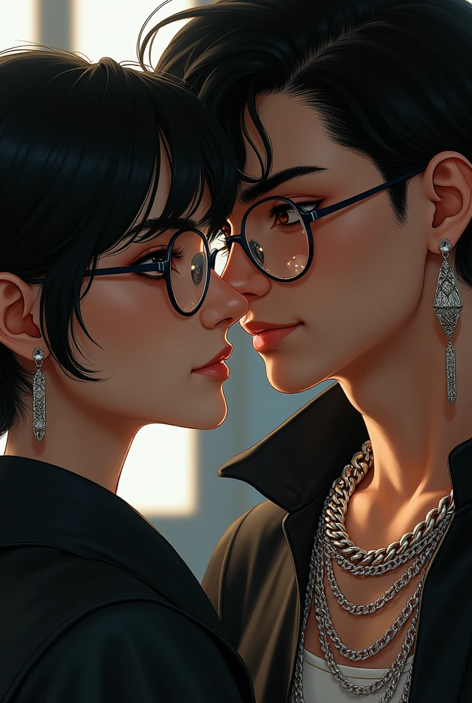 A WOMAN WITH GLASSES AND BLACK HAIR ADMIRING A GUY WHO WEARS EARRINGS AND CHAINS AROUND HIS NECK