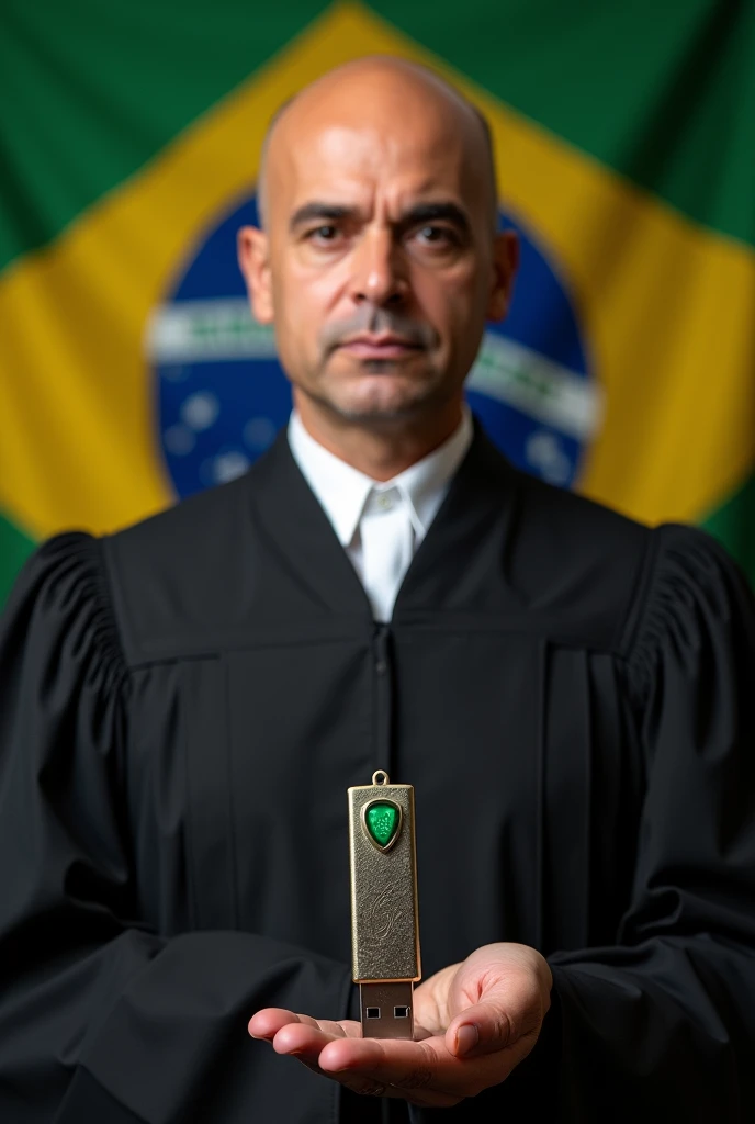 Photo of Minister Alexandre de Moraes in a black robe, egg-shaped head
, Brazil flag, a large pen drive, green and yellow , 6 Gigas
