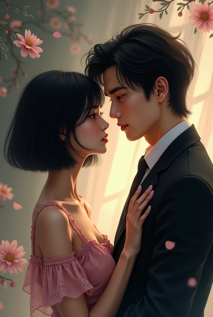 Make a couple of boyfriends with fading vibes looking at each other, The girl is light brown with short straight black hair wearing a pink lace dress and the guy is handsome white with black wavy hair and sad eyes wearing a black suit. 