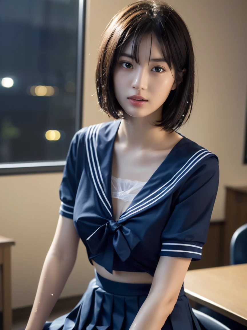 (masterpiece:1.2), Very detailed, Ultra-high resolution, (Realistic, photo Realistic:1.6), High-resolution RAW color photos, Professional photos, Sharp focus:1.2, (Very detailed顔と肌の質感, Very beautiful eyes, Glossのある肌, Glowing Skin, Glowing Skin, Shining Face, Gloss, Oily skin, greasy face, Oily skin, greasy face,),, (real Glossのある肌 texture), Perfect Anatomy, Very detailed背景,(High school classroom at night),25-year-old woman, Japanese women,Height: 168cm,(short hair, Straight hair, bangs, Brown Hair),((Flat Chest:1.6)),(Slender legs), ((((White short-sleeved sailor suit、Navy blue pleated skirt:1.5))),(Leaning forward、Touching the desk、look back)、(((Wet and sheer sailor suit:1.4))),((Sexy bra in sailor suit:1.5)),(Push out the chest:1.4)