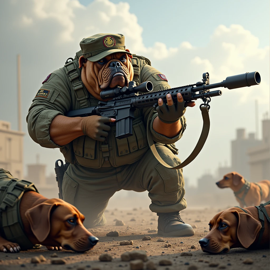 A bulldog wearing a USMC Devil Dogs hat, firing a sniper rifle in a war scene with several defeated dachshund dogs on the ground.
