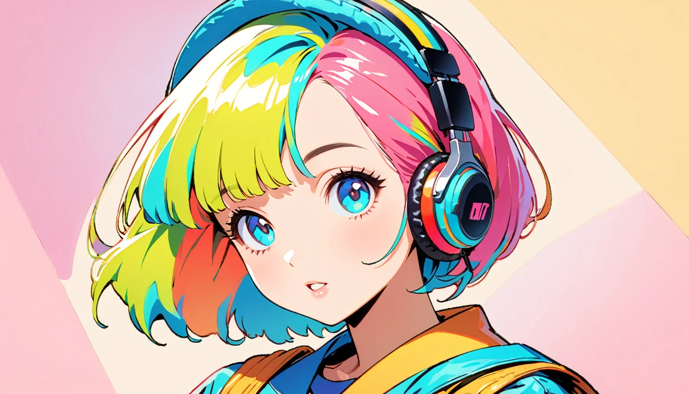 (Highest quality:1.2, City Pop Style, Very detailed, up to date, Vibrant, High Contrast, masterpiece:1.2, Highest quality, Best aesthetics), , ((Face Up Shot:1.4)), Colorful Hair, Bobcut, pastel colour, 1980s style, ((Retro, Vintage, Plain background)) Headphones,drawing