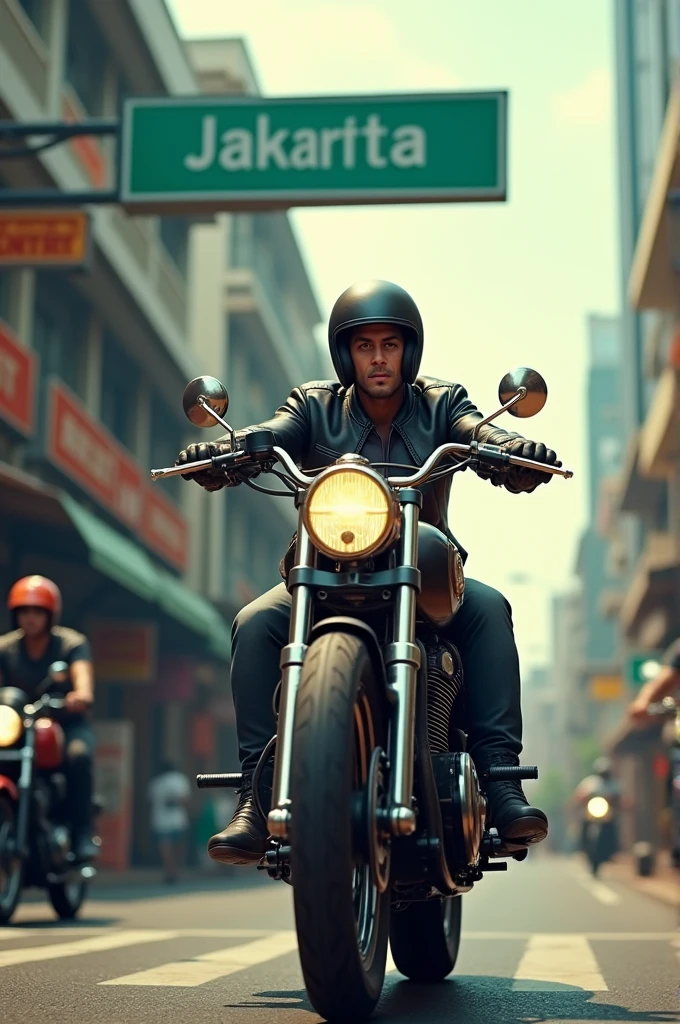 there is a man riding a motorcycle down the street under a sign, inspired by Rudy Siswanto, by Rudy Siswanto, style of ade santora, indonesia, 3 d render and matte painting, game cg, by Abidin Dino, indonesia national geographic, official artwork, opening scene, random background scene, jakarta, town background, south jakarta