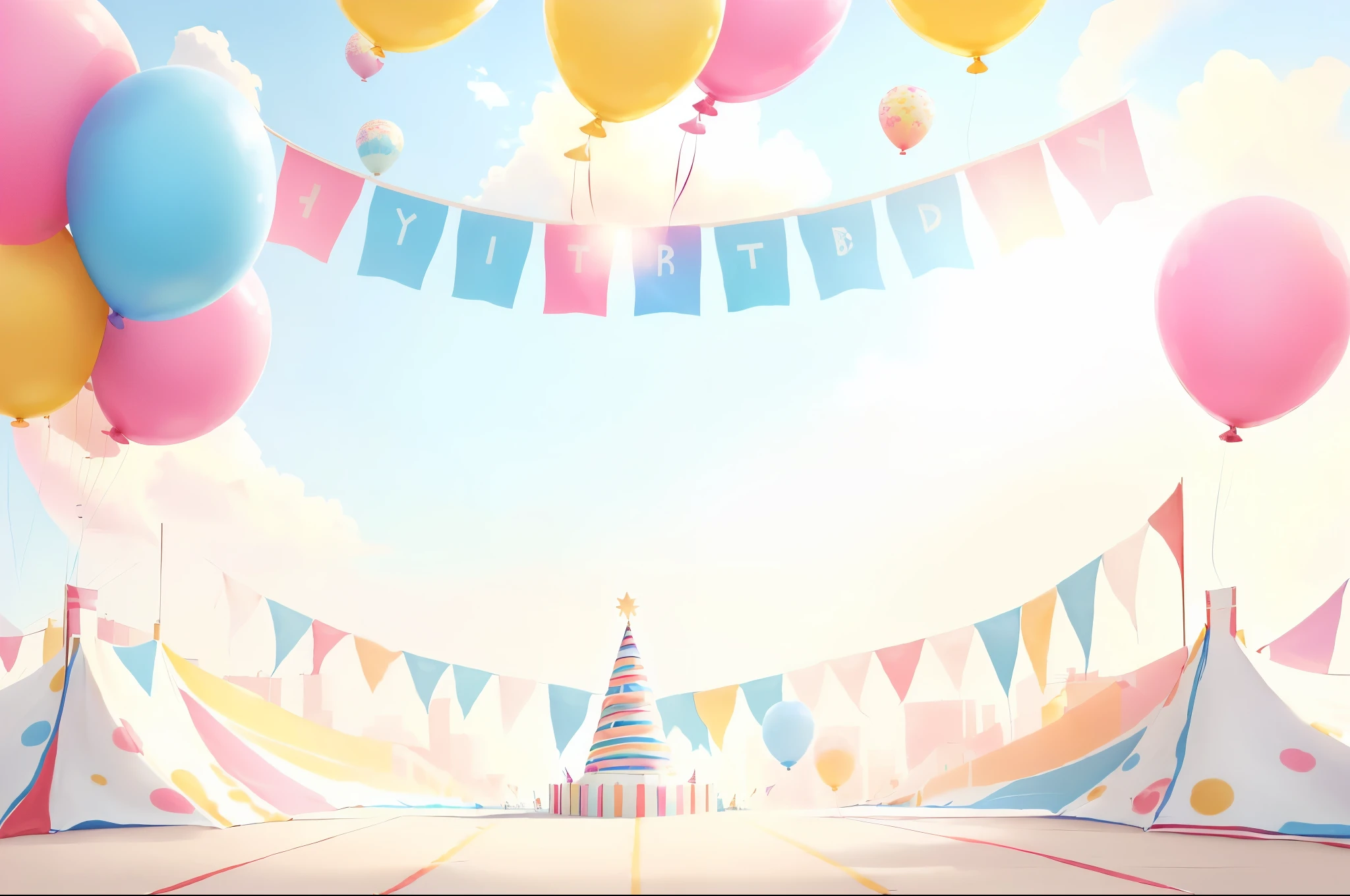 Close-up of a birthday card with balloons and flags, summer festival in background, background(solid), stage background, carnival background, Midsommar Color Theme, Wide Scene, basic background, Bright atmosphere, background colorful, on simple background, ballroom background, background image, iconography background, No text, Decorated height, Lighthearted celebration, Bright and happy atmosphere