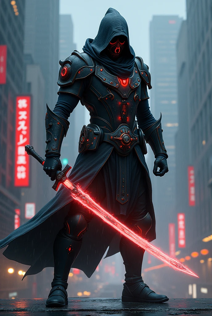 Create a highly detailed and futuristic image of an assassin in a dynamic combat stance, blending elements from various ancient warrior cultures. The assassin’s appearance is a fusion of historical and futuristic design, reflecting the deadly precision and honor of past warriors with the advanced technology and sleek aesthetics of the future.
The assassin's armor is an amalgamation of different ancient styles, seamlessly integrated with cutting-edge technology. His upper body is protected by a high-tech breastplate reminiscent of samurai armor, complete with layered, flexible plates that allow for swift movement. His arms are adorned with gauntlets inspired by medieval knights, featuring retractable blades and advanced targeting systems. His legs are covered with a blend of Spartan greaves and Roman centurion-style boots, providing both mobility and strength, while his belt holds an arsenal of futuristic weapons, including energy daggers and throwing stars.
In his hands, he wields a katana-like energy sword with a glowing, plasma blade that hums with power, combining the elegance of the samurai with the lethal efficiency of future technology. His face is partially concealed by a helmet that merges the fearsome mask of an ancient ninja with a high-tech visor that displays real-time combat data, giving him an edge in battle. The helmet’s design also incorporates elements of a Viking warrior’s helmet, with a sleek, modern twist.
The background is a dark, dystopian cityscape, with towering skyscrapers and neon lights reflecting off rain-soaked streets. The assassin stands poised on a rooftop, ready to strike, with the glow of his weapons casting an eerie light on his surroundings. His stance is low and ready, reminiscent of a warrior about to launch into battle, with every muscle tense and prepared.
The atmosphere is tense and charged with energy, capturing the essence of a deadly, futuristic warrior who embodies the skills, honor, and ruthlessness of the greatest w
