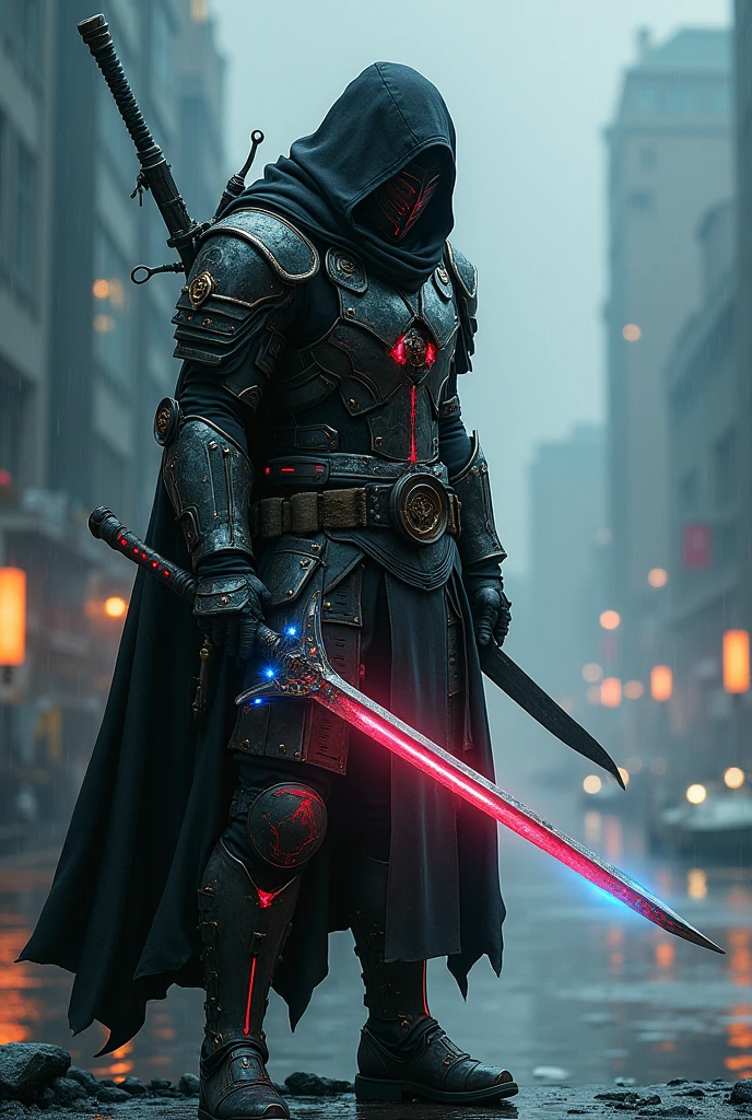 Create a highly detailed and futuristic image of an assassin in a dynamic combat stance, blending elements from various ancient warrior cultures. The assassin’s appearance is a fusion of historical and futuristic design, reflecting the deadly precision and honor of past warriors with the advanced technology and sleek aesthetics of the future.
The assassin's armor is an amalgamation of different ancient styles, seamlessly integrated with cutting-edge technology. His upper body is protected by a high-tech breastplate reminiscent of samurai armor, complete with layered, flexible plates that allow for swift movement. His arms are adorned with gauntlets inspired by medieval knights, featuring retractable blades and advanced targeting systems. His legs are covered with a blend of Spartan greaves and Roman centurion-style boots, providing both mobility and strength, while his belt holds an arsenal of futuristic weapons, including energy daggers and throwing stars.
In his hands, he wields a katana-like energy sword with a glowing, plasma blade that hums with power, combining the elegance of the samurai with the lethal efficiency of future technology. His face is partially concealed by a helmet that merges the fearsome mask of an ancient ninja with a high-tech visor that displays real-time combat data, giving him an edge in battle. The helmet’s design also incorporates elements of a Viking warrior’s helmet, with a sleek, modern twist.
The background is a dark, dystopian cityscape, with towering skyscrapers and neon lights reflecting off rain-soaked streets. The assassin stands poised on a rooftop, ready to strike, with the glow of his weapons casting an eerie light on his surroundings. His stance is low and ready, reminiscent of a warrior about to launch into battle, with every muscle tense and prepared.
The atmosphere is tense and charged with energy, capturing the essence of a deadly, futuristic warrior who embodies the skills, honor, and ruthlessness of the greatest w