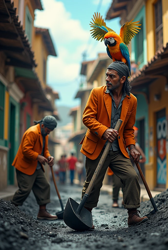 Image of a street in a Brazilian favela in Rio de Janeiro with men working with asphalt, with several parrots dressed as pirates wearing orange suits with the name Waguinho