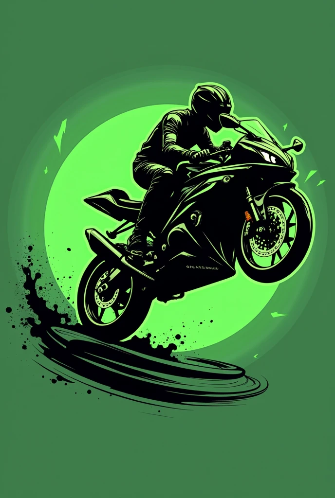 a logo themed the silhouette of a green lightning bolt in the shape of a Kawasaki Ninja 300 motorcycle, falling on the track, The bike is in profile and under the surface it says "Green ray" "You don't need wings to fly", The logo is a cartoon