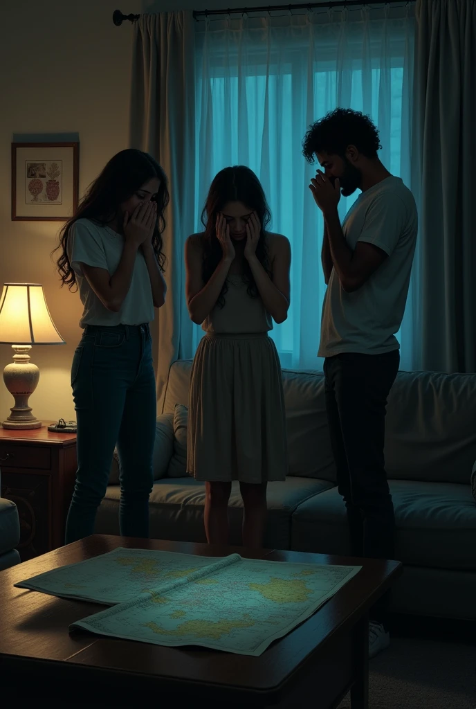 two women and a mixed-race man with their hand on their face and head down talking in a living room at night, excited spirits, a tense atmosphere. One of the women doesn't seem to believe it, a map on the coffee table.