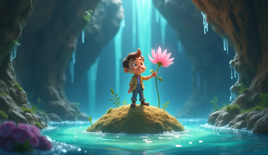 A cave, a small mound in that cave, a man is standing on that mound with a magical flower, water is flowing all around the mound,(YouTube thumbnail)3d cartoon image